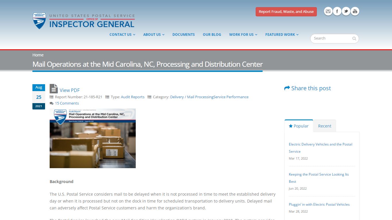 Mail Operations at the Mid Carolina, NC, Processing and Distribution ...